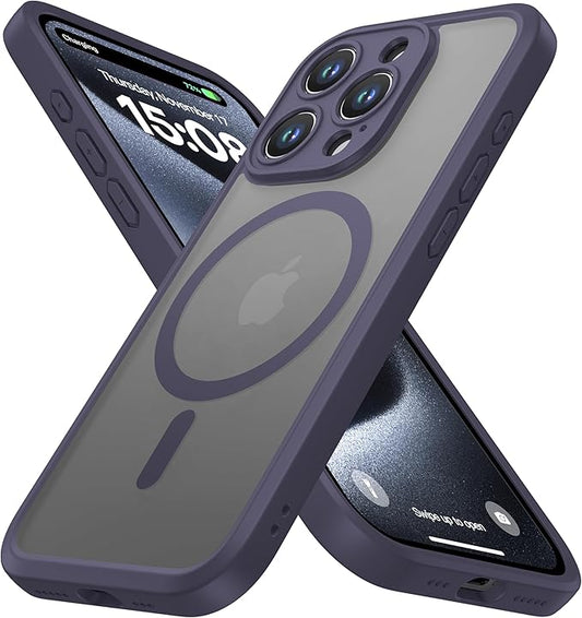 ImpactStrong Magnetic Guard Designed for iPhone 15 Pro Case [Camera Protection] [Military Grade Drop Tested] [Compatible with MagSafe] Slim Translucent Matte Phone Case (6.1") - Deep Purple
