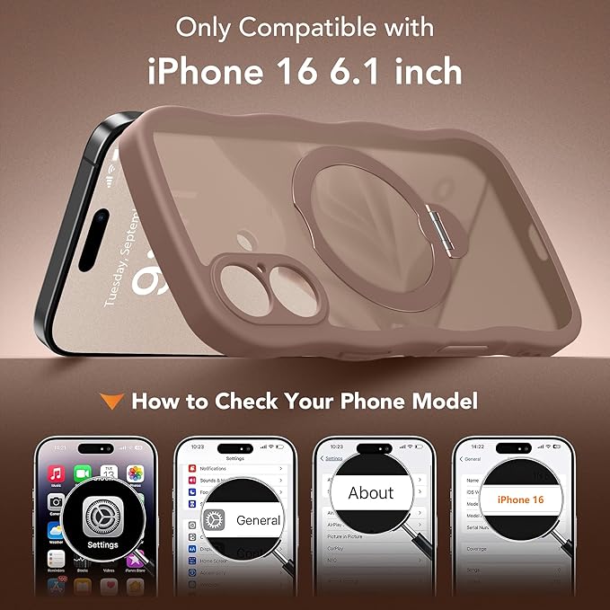 GolbinBox for iPhone 16 Case, [Compatible with Magsafe][360° Spin Magnetic Stand][Military-Grade Protection][Camera Control][Cute Wave Edge] Translucent Matte Women Phone Cover for iPhone 16, Brown