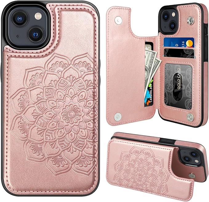 MMHUO for iPhone 15 Case with Card Holder, Flower Magnetic Back Flip Case for iPhone 15 Wallet Case for Women, Protective Case Phone Case for iPhone 15,Rose Gold