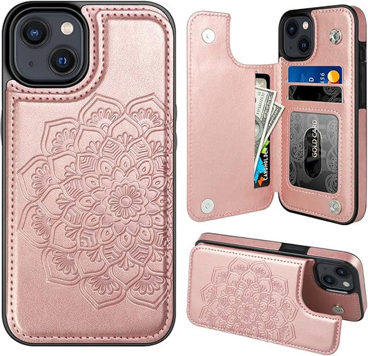 MMHUO for iPhone 15 Case with Card Holder, Flower Magnetic Back Flip Case for iPhone 15 Wallet Case for Women, Protective Case Phone Case for iPhone 15,Rose Gold