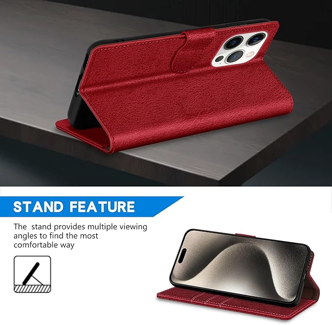 ZZXX for iPhone 15 Pro Max Wallet Case with [RFID Blocking] Card Slot Kickstand Magnetic Closure Leather Flip Fold Protective Phone Case for iPhone 15 Pro Max Case Wallet(Red-6.7 inch)