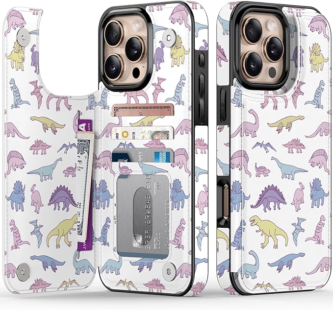 FUNMIKO for iPhone 16 Pro Max Wallet Case with Card Holder, RFID-Blocking, Military-Grade Protection & UV-Printed Artwork, Magnetic Closure with Leather Kickstand - Vibrantly Cute Dinosaur