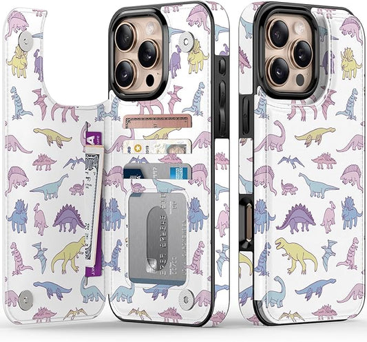 FUNMIKO for iPhone 16 Pro Max Wallet Case with Card Holder, RFID-Blocking, Military-Grade Protection & UV-Printed Artwork, Magnetic Closure with Leather Kickstand - Vibrantly Cute Dinosaur