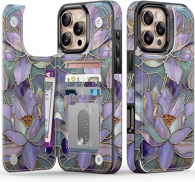FUNMIKO for iPhone 16 Pro Max Wallet Case with Card Holder, RFID-Blocking, Military-Grade Protection & UV-Printed Artwork, Magnetic Closure with Leather Kickstand - Dreamy Lotus