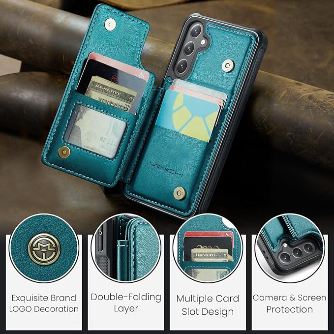 Vinich for Samsung Galaxy S24 FE Wallet Case with Card Holder, RFID Blocking Credit Slots Kickstand Shockproof Phone Cover for Women Men, Bluish Green