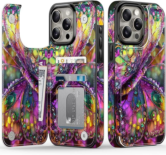 FUNMIKO for iPhone 14 Pro Wallet Case with Card Holder, RFID-Blocking, Military-Grade Protection & UV-Printed Artwork, Magnetic Closure with Leather Kickstand - Vibrant Elegant Butterfly