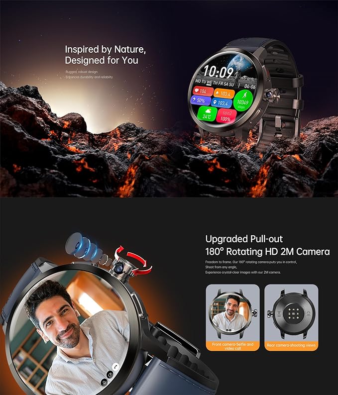 4G Smart Watch SL8541E Quad Core 2GB+16GB Rotating Camera Men Watch 1.75" AMOLED Large Screen Android 8.1 Smartwatch 1520mAh WiFi Bluetooth GPS Fitness Tracker Sport Watch (Black)