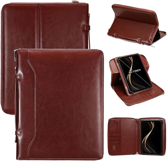 E NET-CASE 9.6-11 Inch Universal Tablet Case with Tri-Angle Adjustable Stand (Vertical/Horizontal), Detachable Shoulder Strap & Document Card Pocket, Premium PU Leather(Brown)