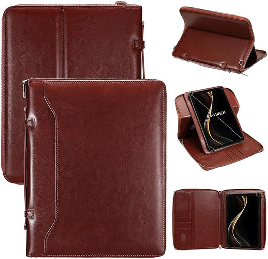E NET-CASE 9.6-11 Inch Universal Tablet Case with Tri-Angle Adjustable Stand (Vertical/Horizontal), Detachable Shoulder Strap & Document Card Pocket, Premium PU Leather(Brown)