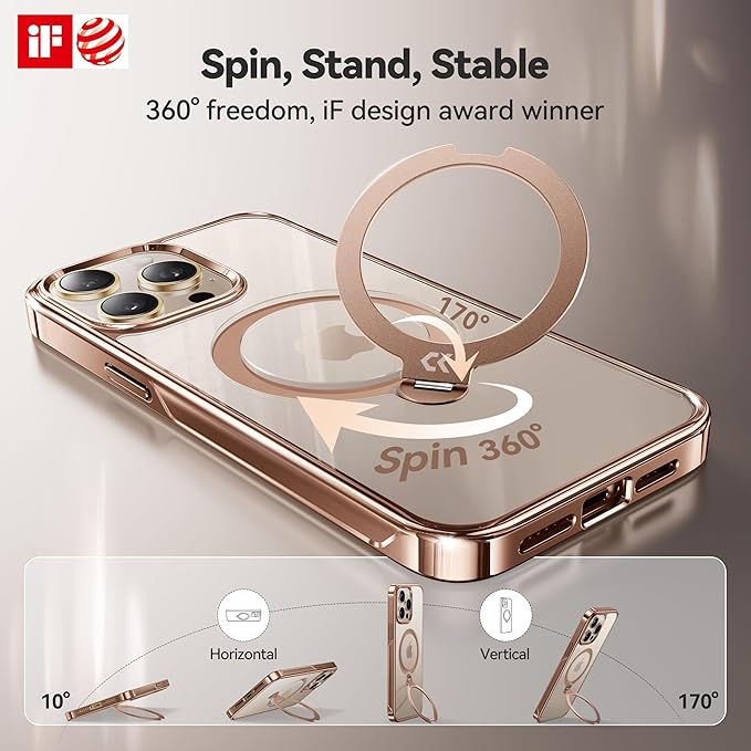CASEKOO Desert Titanium for iPhone 14 Pro Max Case with 360° Spin Magnetic Stand [Compatible with Magsafe][16FT Military Protection] Polished Clear for iPhone 14 ProMax Case Ring 6.7'', Rose Gold