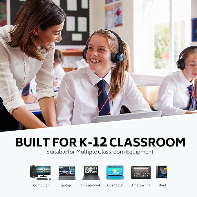 AILIHEN Classroom Headphones Bulk 12-Pack, Headphones Wired with Microphone for Students, Teens, Library, Chromebook, Laptop, Adjustable, Foldable, 3.5mm Jack - (Mixed Color)