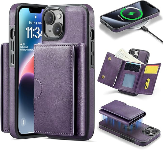 Asuwish Phone Case for iPhone 14 6.1 inch Wallet Magnetic Detachable Cell Cover with Wireless Charging and RFID Blocking Credit Card Holder Flip Stand iPhone14 5G i i-Phone i14 14Case Women Men Purple