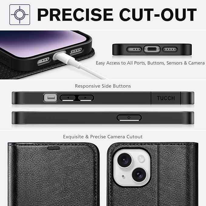 TUCCH Wallet Case for iPhone 14, [RFID Blocking] [4 Card Slots] TPU Interior Protective Case, Magnetic Folio Shockproof PU Leather Stand Flip Cover Compatible with iPhone 14 6.1 5G, Textured Black