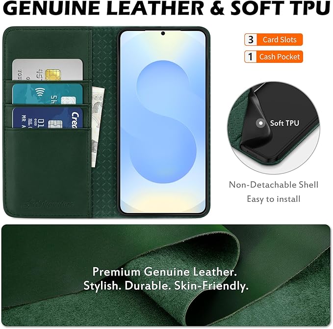 SHIELDON Case for Galaxy S25 Edge 5G 6.7", Genuine Leather Flip Wallet Kickstand RFID Blocking Credit Card Holder Magnetic Shock Absorbing Cover Compatible with Galaxy S25 Edge 2025 - Nappa Evergreen
