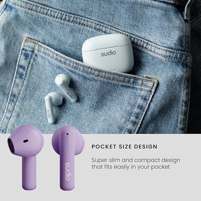 Sudio A1 True Wireless Earbuds, Bluetooth Earbuds 5.3, Noise Cancelling Earbuds, Waterproof Earbuds, Touch Control, Wireless Earphones with Charging Case, Perfect for Premium Sound Quality (Purple)
