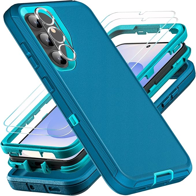for Samsung Galaxy S25 Case, ONLY, [NOT FIT Galaxy S25 Edge/S25 Plus/S25 Ultra], Military Grade Case with 2Pcs Tempered Glass Screen Protector & 1Pcs Camera Lens Protector (Blue/Turquoise)