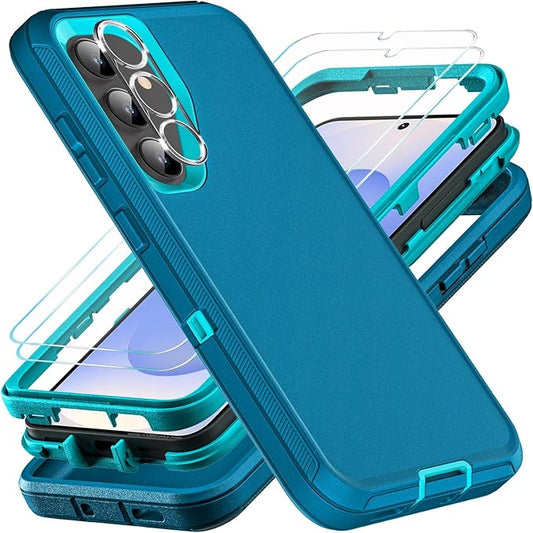 for Samsung Galaxy S25 Case, ONLY, [NOT FIT Galaxy S25 Edge/S25 Plus/S25 Ultra], Military Grade Case with 2Pcs Tempered Glass Screen Protector & 1Pcs Camera Lens Protector (Blue/Turquoise)