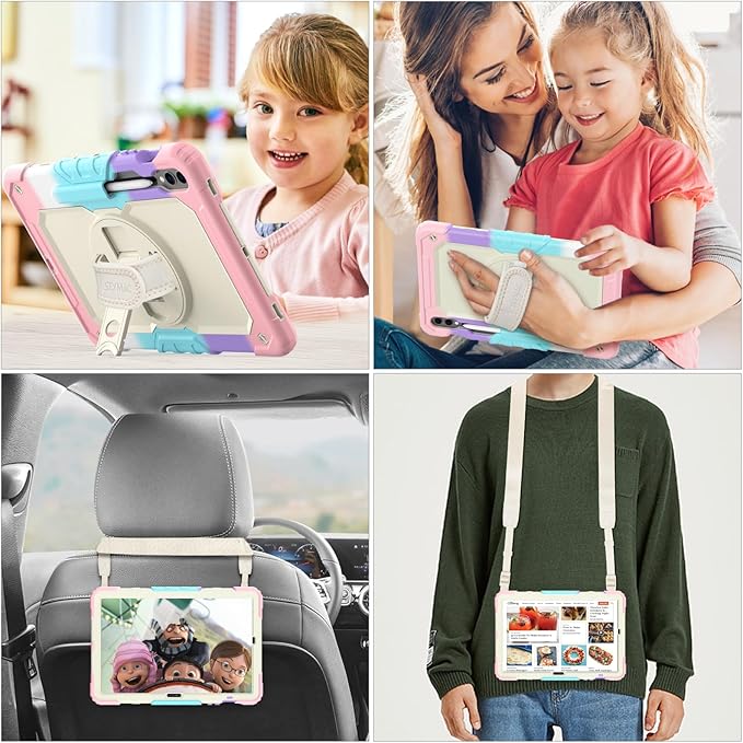 SEYMAC stock Case for Samsung Galaxy Tab S10 Plus/ S9 FE Plus/ S9+ 5G Tablet 12.4'' Case with Screen Protector Pencil Holder [360 Rotating Hand Strap] &Stand, Drop-Proof, Beige+Pink