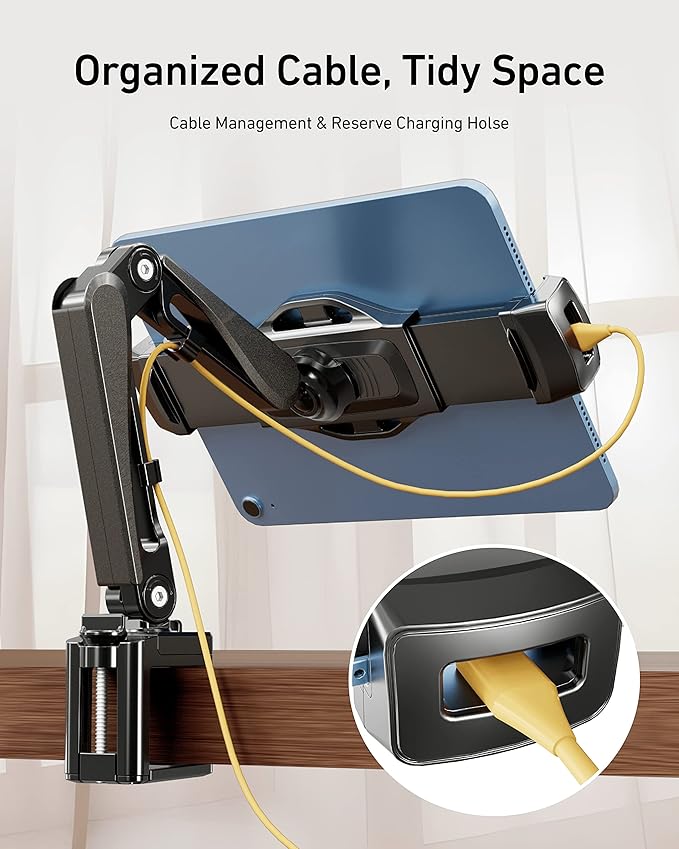 iPad Stand for Desk/Headboard, Tablet Mount with Cable Management, Tablet Holder for Recording/Filming, Black