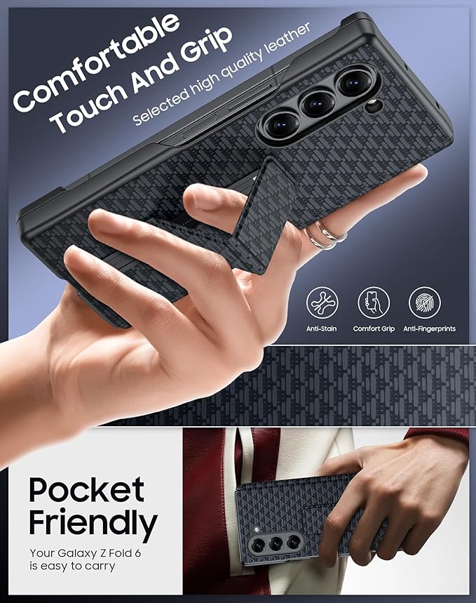 for Samsung Galaxy Z Fold 6 Case with Hand Strap & Kickstand & Hinge Protection, Ultra Slim Skin Feel Pattern Printing Full Body Shockproof Phone Case for Z Fold 6, No Screen Protector (Black)