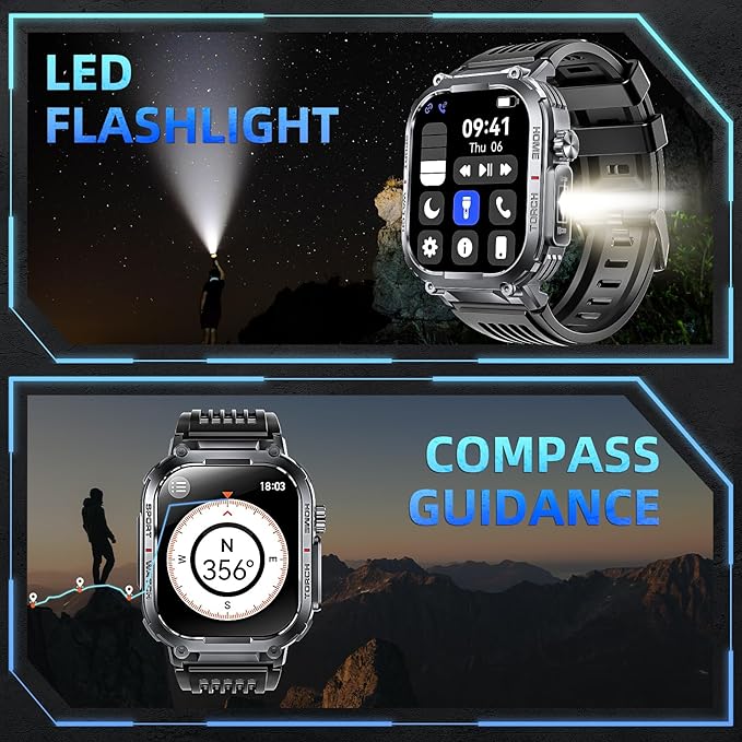 Military Smart Watches for Men with LED Flashlight Compass (Answer/Make Call) 2.02" Fitness Tracker with 100+ Sport Modes Heart Rate Sleep Monitor 400mAh 3ATM Waterproof Smartwatch for iPhone Android