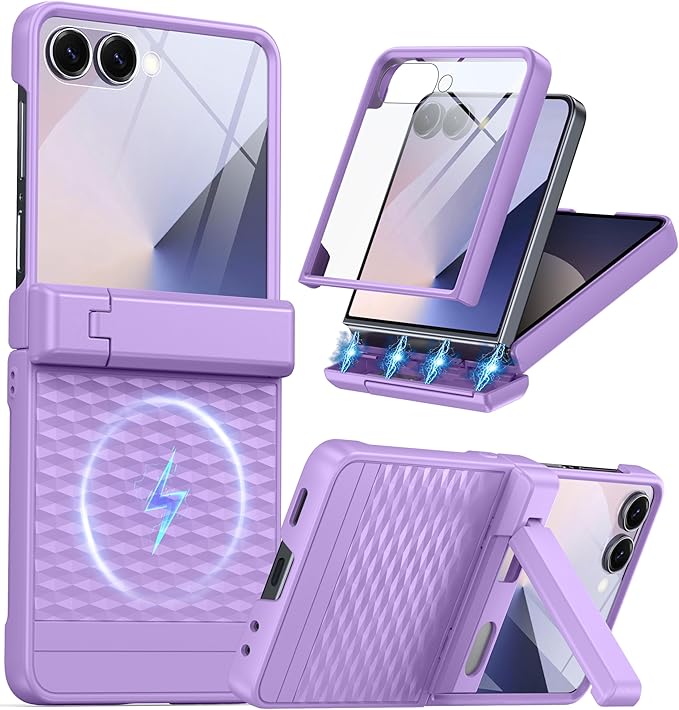 Magnetic for Samsung Galaxy Z Flip 7 Case [Hinge Protection＆Kickstand][Compatible with MagSafe][Built-in Screen Protector] Full-Body Military Protection Phone Case for Samsung Z Flip 7 Purple