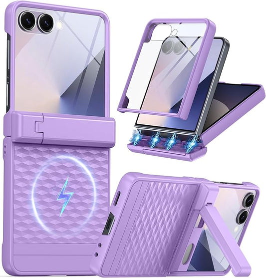 Magnetic for Samsung Galaxy Z Flip 7 Case [Hinge Protection＆Kickstand][Compatible with MagSafe][Built-in Screen Protector] Full-Body Military Protection Phone Case for Samsung Z Flip 7 Purple