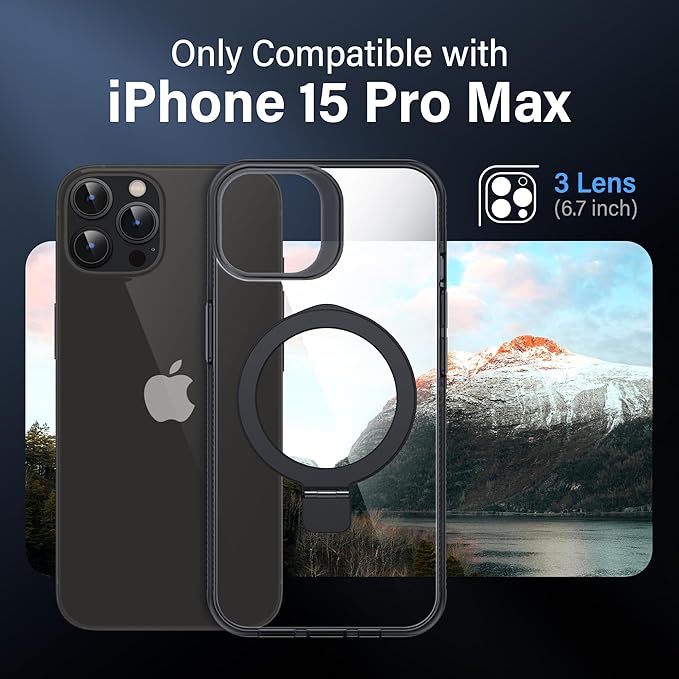 Magnetic Case for iPhone 15 Pro Max - [Built-in Invisible Stand] [Compatible with MagSafe] [Military Grade Drop Protection] Anti-Yellowing Hard Back Silicone Edge Cover, 6.7", Clear Black