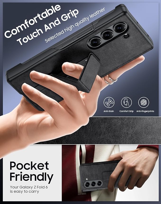 for Samsung Galaxy Z Fold 6 Case with Hand Strap & Kickstand & Hinge Protection, Ultra Slim Skin Feel Pattern Printing Full Body Shockproof Phone Case for Z Fold 6, No Screen Protector (Vintage Black)