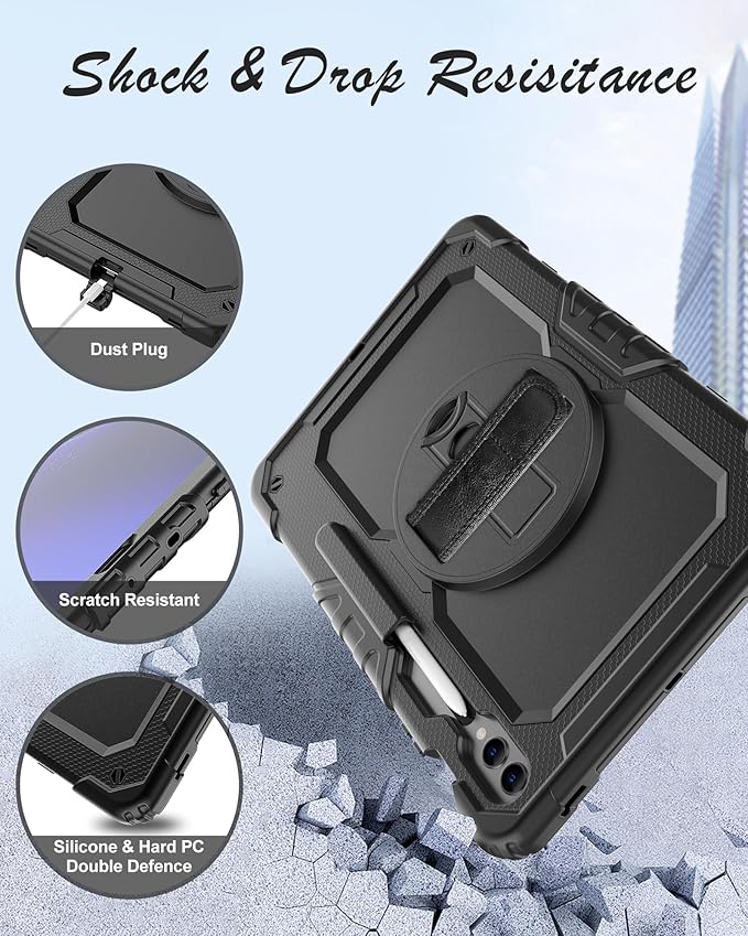 Case for Samsung Galaxy Tab S10 Plus/ S9 FE Plus/ S9 Plus 5G Tablet 12.4'', Shockproof Protective Cover with [Tempered Glass Screen Protector], Stand, Shoulder Strap & S Pen Holder (Black)