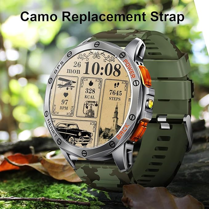Military Smart Watches Built-in GPS, 170+ Sport Modes for Men with Flashlight, Smartwatch for Android Phones and iPhone, 1.43" AMOLED Screen Bluetooth Call Compass Altimeter (Sivler & Camo (2 Bands))