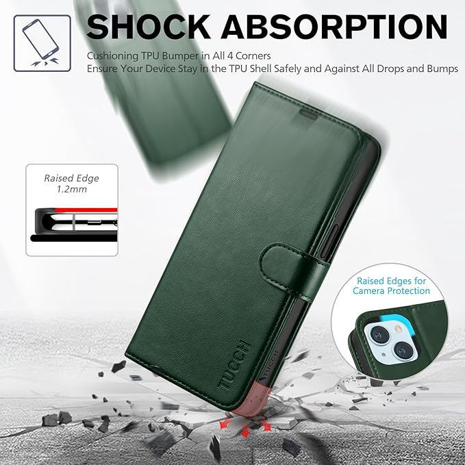 TUCCH Case Wallet for iPhone 15 6.1", Protective [TPU Shockproof Inner Shell], Kickstand PU Leather RFID Blocking [4 Card Holder] Magnetic Closure Cover Compatible with iPhone 15 5G, Dark Green