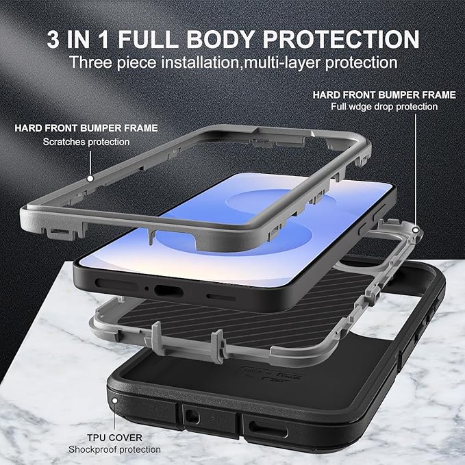 for Samsung Galaxy S25 Case, ONLY, [NOT FIT Galaxy S25 Edge/S25 Plus/S25 Ultra], Military Grade Case with 2Pcs Tempered Glass Screen Protector & 1Pcs Camera Lens Protector (Black/Grey)