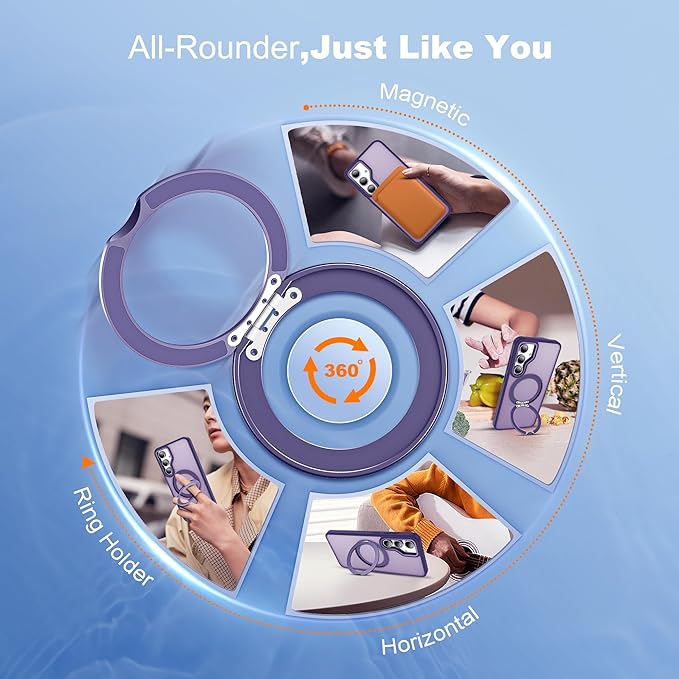 for Samsung Galaxy S24 FE Case with 360° Rotatable Magnetic Ring Stand Compatible with Mag-Safe Military Protection Shockproof Matte Translucent Phone Cases for S24 FE,Dark Purple