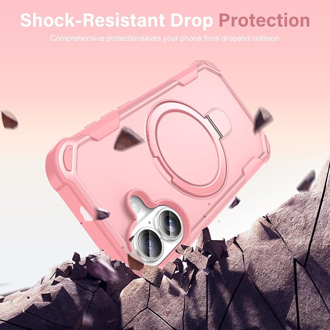 Compatible with iPhone 17 Case with Invisible Magnetic Ring Stand [Compatible with Magnetic] [Military Drop Protection] Shockproof Slim Hard Back Soft Edge Case 6.3 Inch, Pink