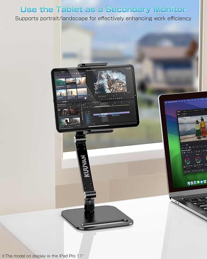 Tablet Stand Holder for iPad, Portable Monitor Stand Holder 15.6'',17.3'', Aluminum Alloy Foldable Arm Mount with 360° Swivel Desk Mount Compatible with 4.7-17.3inch Tablet, Cell Phone (Black)