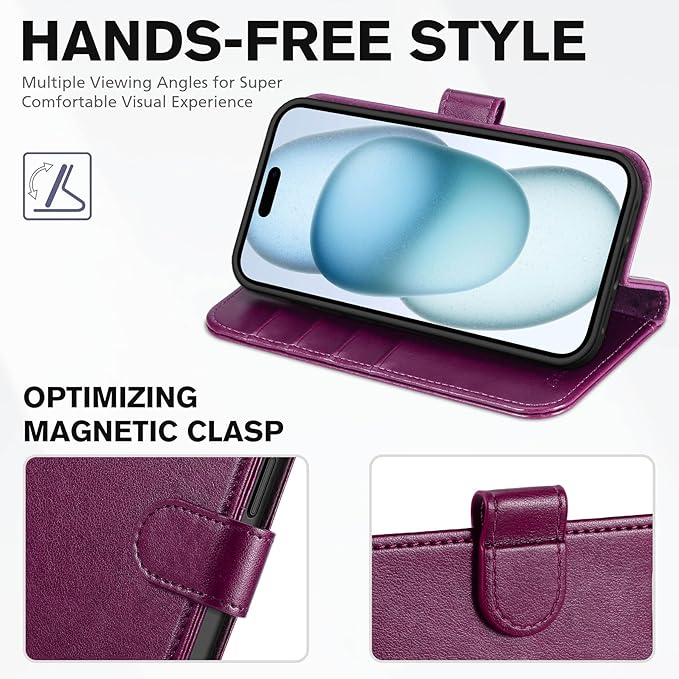 TUCCH Case Wallet for iPhone 15 6.1-inch 5G, [TPU Shockproof Inner Shell] PU Leather [RFID Blocking] 4 Credit Card Holder Magnetic Kickstand Flip Cover Compatible with iPhone 15 6.1" 2023, Plum Purple
