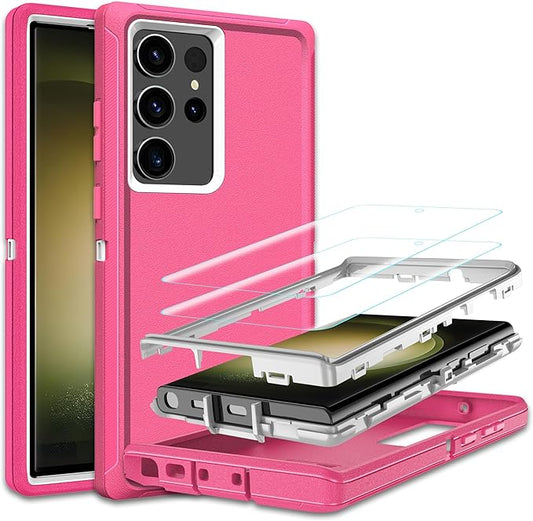For Samsung Galaxy S23 Ultra Case, S23 Ultra Case with [2 Pack]HD Screen Protector, [Military-Grade] Shockproof Dust/Drop Proof 3-Layer Full Body Protection Heavy Duty Case for Galaxy S23 Ultra, Pink