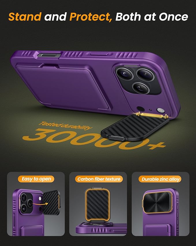 for iPhone 17 Pro Case, Built-in Card Holder & Stand & Lens Cover, Military Grade Drop Tested Soft Silicone Edge Rugged Kickstand Protective Wallet Phone Case for iPhone 17 Pro 2025, Purple