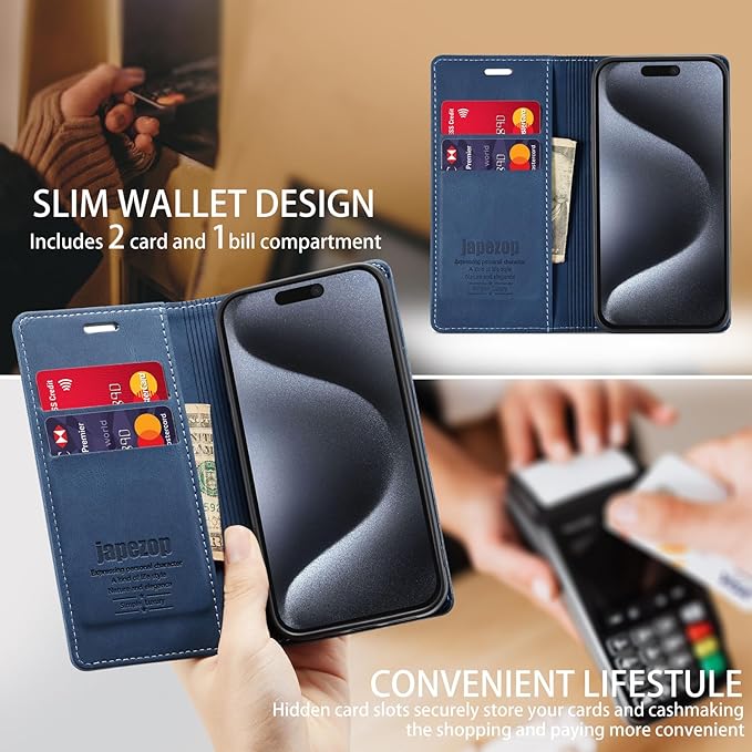 japezop iPhone 15 Pro 5G Wallet Case with [RFID Blocking],Card Holder Kickstand Magnetic,Leather Flip Case Wallet for iPhone 15 Pro 5G 6.1 Inch(Blue)
