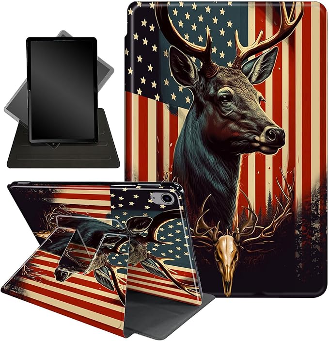 Case for Lenovo Tab P11 Plus Case 2021 (TB-J616F / J616X), 360 Degree Rotating Folding Stand,with Auto Sleep/Wake Case for Lenovo Tab P11 11” 2020 (TB-J606F TB-J606X),American Flag Deer/Skull