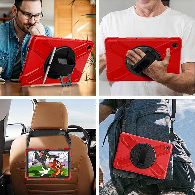 Gerutek Case for Samsung Galaxy Tab A9+/ A9 Plus Case 11" 2023, Full-Body Drop Protection Shockproof Cover with Screen Protector, 360° Rotating Stand, Hand/Shoulder Strap, Pencil Holder, Red