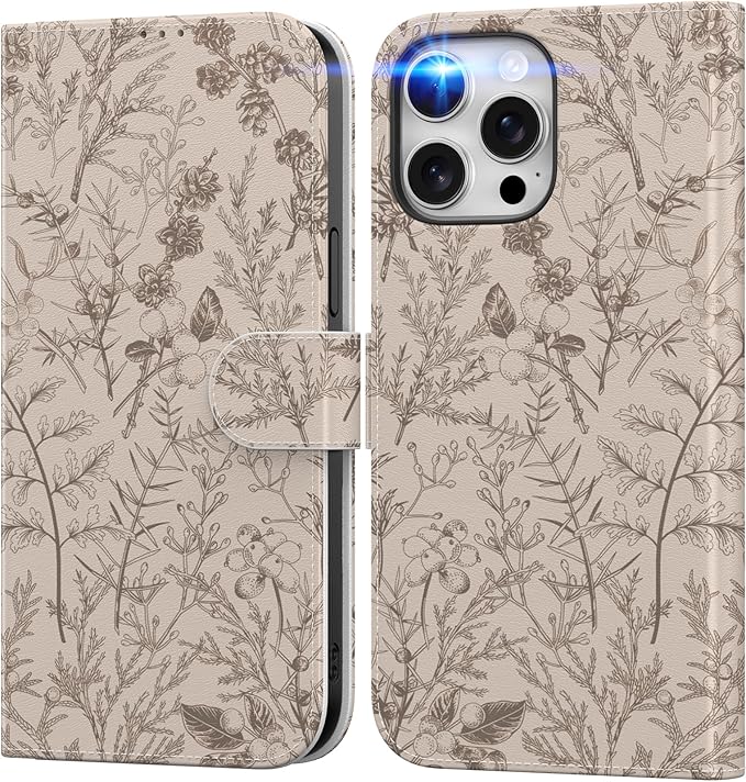 DEENAKIN for iPhone 15 Pro Max Wallet Case with Card Holder + Cash Clip, RFID-Blocking, Military-Grade Drop Protection, Magnetic Closure with Leather Kickstand - Serene Foliage