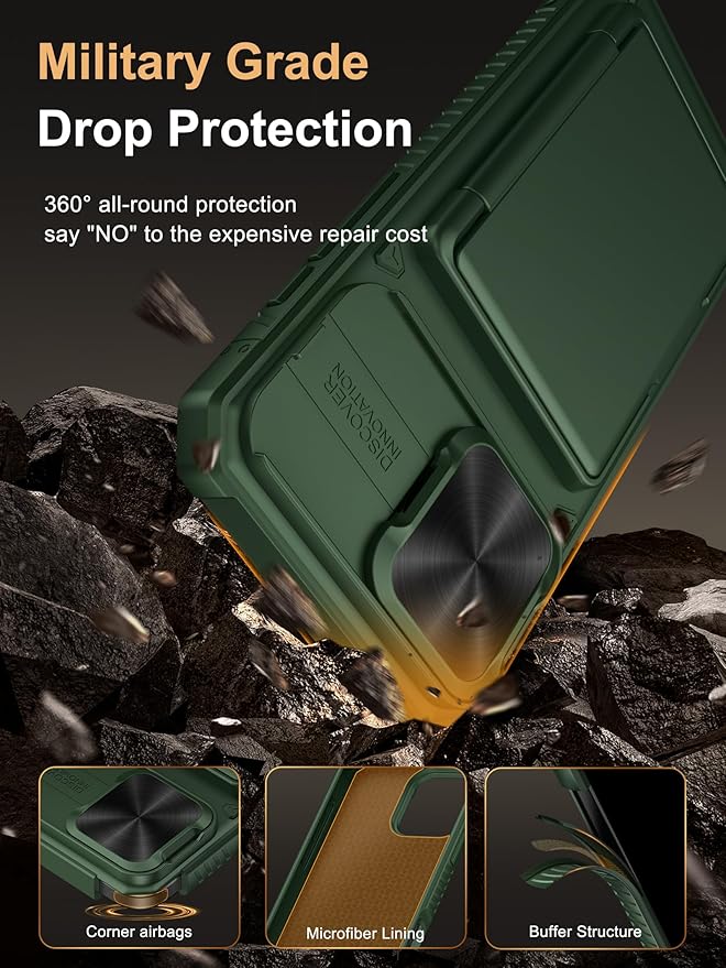 Vihibii for iPhone 16 Pro Max Case with Card Holder (4 Cards) [RFID Blocking] & Slide Lens Cover, Military Grade Drop Protection, Rugged Hard Back & Silicone Edge Wallet Phone Case, 6.9" 2024, Green