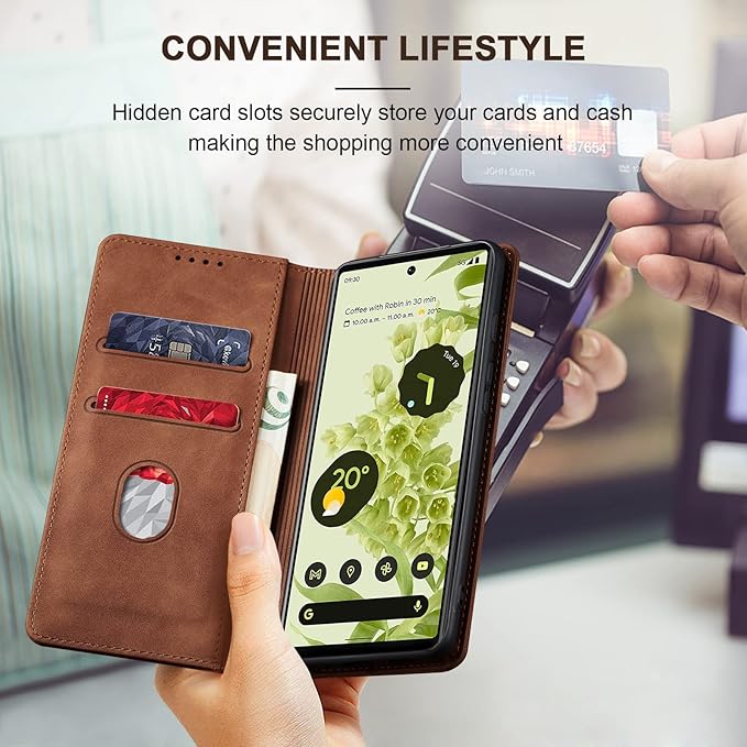 Jasonyu Flip Wallet Case for Google Pixel 6 5G,Leather Magnetic Folio Cover with Card Holder,Kickstand - TPU Shockproof Durable Protective Phone Case,Brown