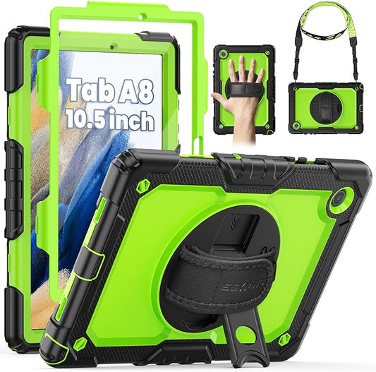 SEYMAC for Samsung Galaxy Tab A8 Case 10.5 Inch (SM-X200/ X205/ X207), Heavy Duty Full-Body Shockproof Protective Case with Screen Protector, Rotating Stand, Hand/Shoulder Strap and Pen Holder, Green