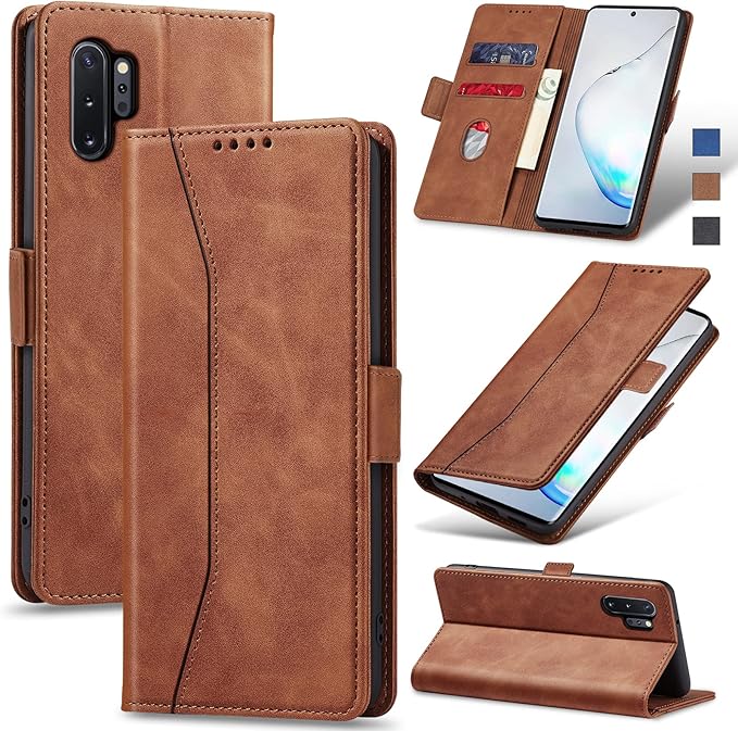 Jasonyu Flip Wallet Case for Samsung Galaxy Note 10 Plus,Leather Magnetic Folio Cover with Card Holder,Kickstand - TPU Shockproof Durable Protective Phone Case,Brown