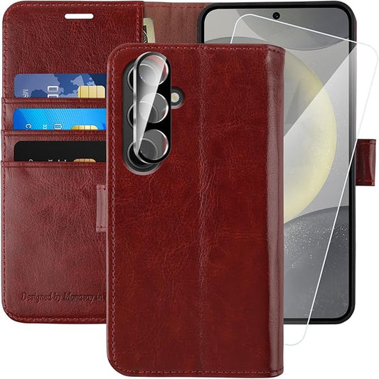 MONASAY Wallet Case Fit for Samsung Galaxy S24 5G, [Lens & Glass Screen Protector Included] [RFID Blocking] Flip Folio Leather Cell Phone Cover with Credit Card Holder, 6.2 inch, Burgundy
