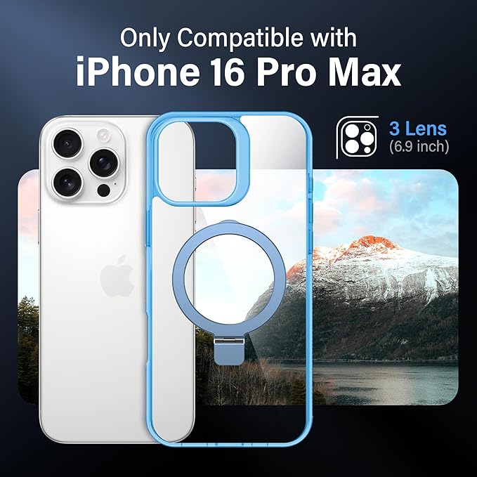 Magnetic Case for iPhone 16 Pro Max - [Built-in Invisible Stand] [Compatible with MagSafe] [Military Grade Drop Protection] Anti-Yellowing Hard Back Silicone Edge Cover, 6.9", Clear Blue