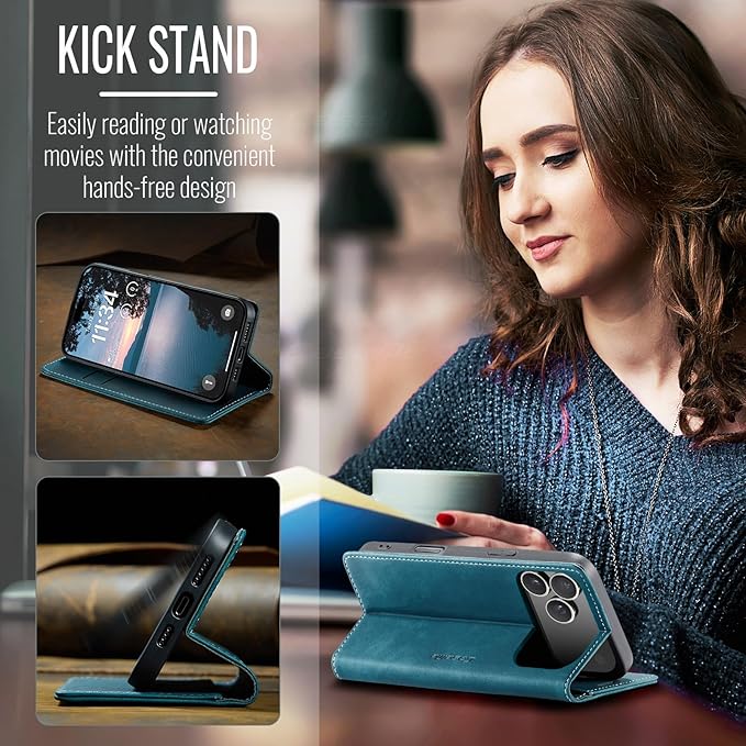 for iPhone 17 Pro Max Case, Flip Wallet Leather Case with Card Holder Magnetic Closure Shockproof Kickstand Protective Phone Cases Cover for iPhone 17 Pro Max, Blue-Green